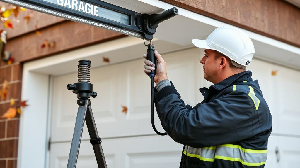 Technician performing fall garage door maintenance inspection